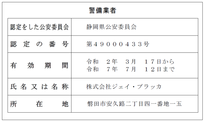 警備業認定証